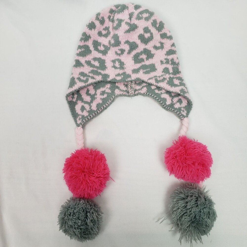 Toby & Me Leopard Print Pink/Gray Hat w/Pom Pom Tassels 7-14 EXCELLENT CONDITION